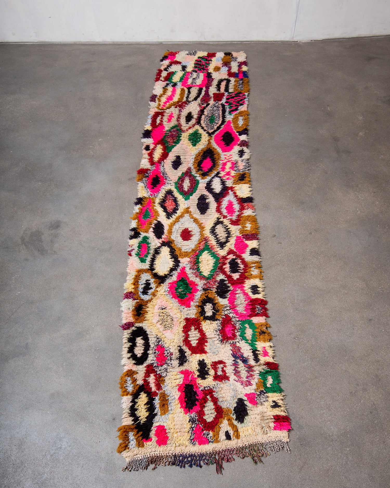 Modern, designer, handcrafted Berber runner rug from Morocco. Vintage carpet with beautiful colours and patterns and fluffy texture.